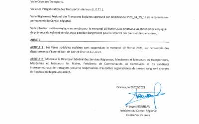 SUSPENSION DU TRANSPORT SCOLAIRE LE 10 FÉVRIER 2021 SUSPENSION DU TRANSPORT SCOLAIRE LE 10 FÉVRIER 2021